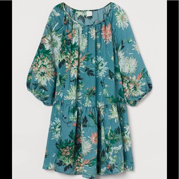 H&M Wide-Cut Dress Turquoise/ Floral size S (FITS like XL) - Picture 1 of 5